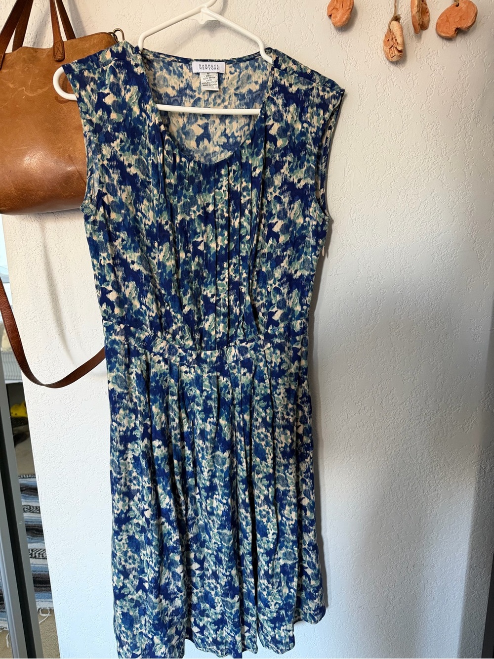 Barneys New York Navy and Cream Pleated Midi Dress